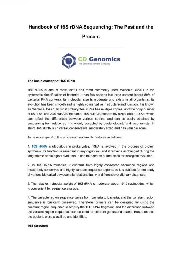 Handbook of 16S rDNA Sequencing: The Past and the Present