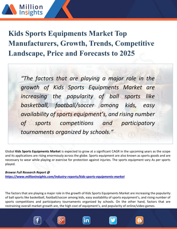 Kids Sports Equipments Market Demand, Growth, Opportunities, Analysis and Global Forecast to 2025