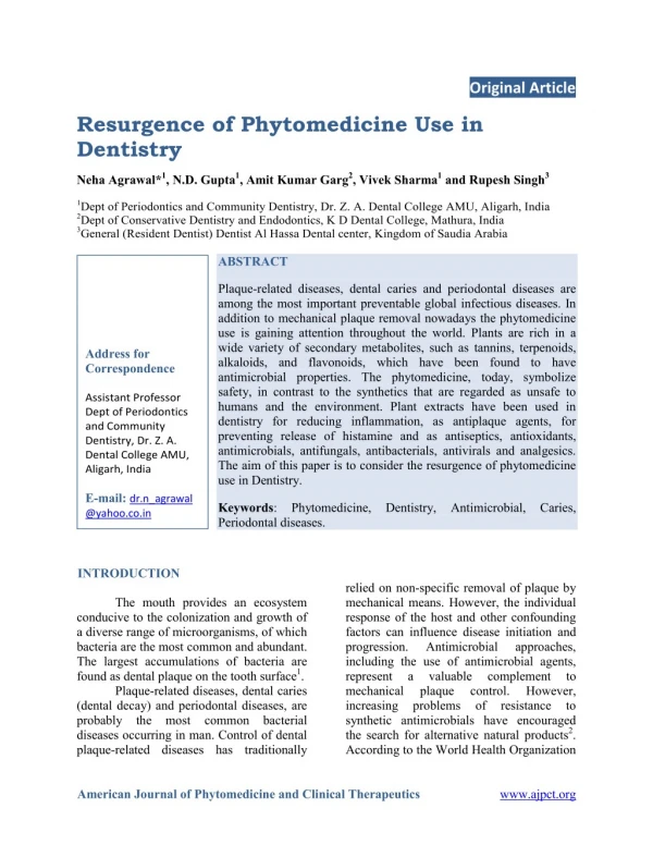 Resurgence of Phytomedicine Use in Dentistry