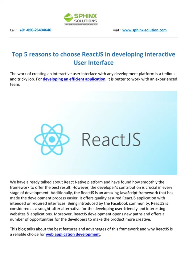 Top 5 reasons to choose react js in developing interactive user interface