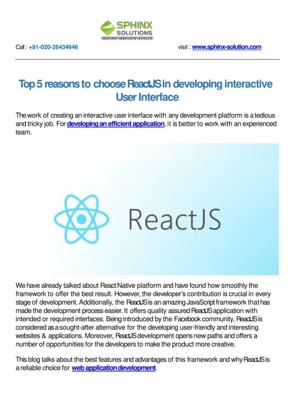 Top 5 reasons to choose ReactJS in developing interactive User Interface