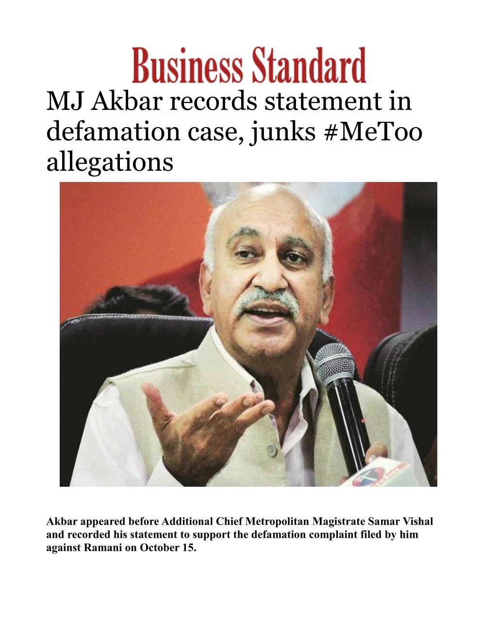 mj akbar records statement in defamation case