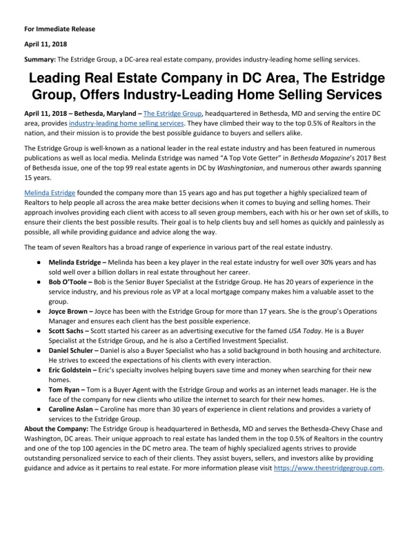 Leading Real Estate Company in DC Area, The Estridge Group, Offers Industry-Leading Home Selling Services