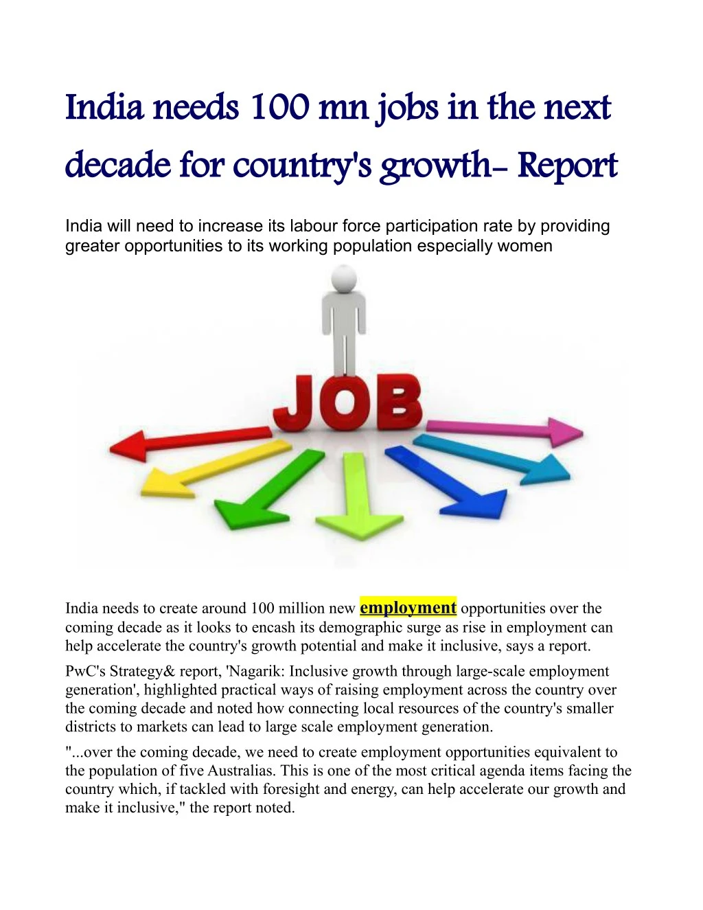 india needs 100 mn jobs in the next decade
