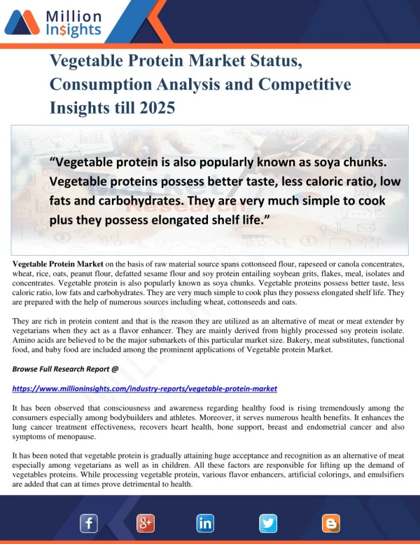 Vegetable Protein Market Status, Consumption Analysis and Competitive Insights till 2025