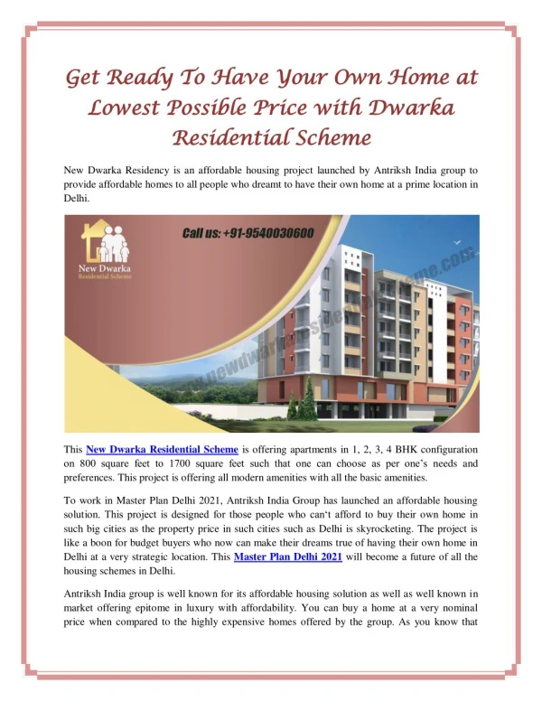 Get Ready To Have Your Own Home at Lowest Possible Price with Dwarka Residential Scheme