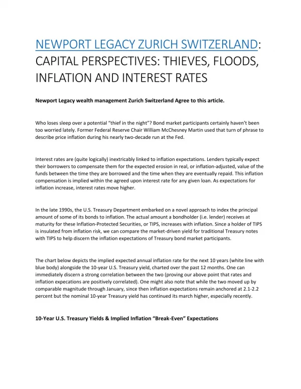 NEWPORT LEGACY ZURICH SWITZERLAND: CAPITAL PERSPECTIVES: THIEVES, FLOODS, INFLATION AND INTEREST RATES