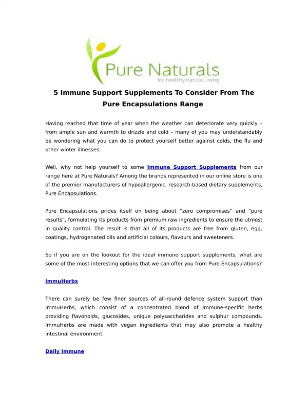 5 Immune Support Supplements To Consider From The Pure Encapsulations Range