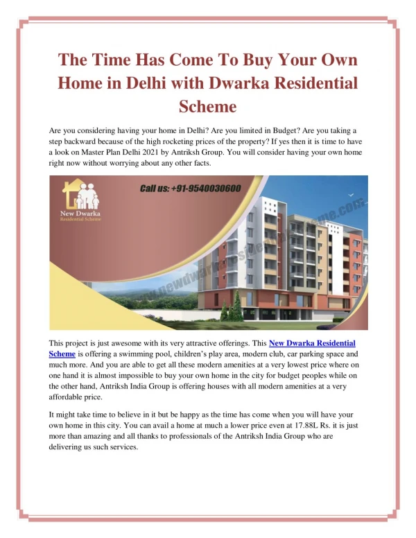 The Time Has Come To Buy Your Own Home in Delhi with Dwarka Residential Scheme