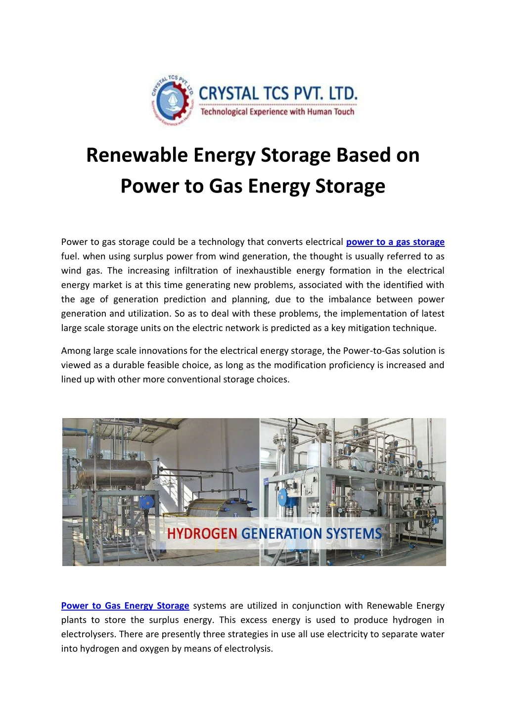 renewable energy storage based on power