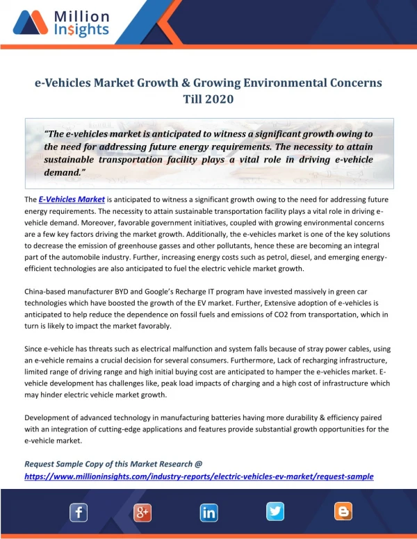 e-Vehicles Market Growth & Growing Environmental Concerns Till 2020