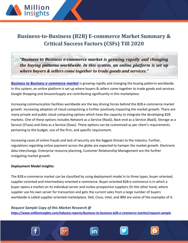 Business-to-Business (B2B) E-commerce Market Summary & Critical Success Factors (CSFs) Till 2020