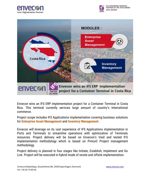Envecon wins an IFS ERP implementation project for a Container Terminal in Costa Rica