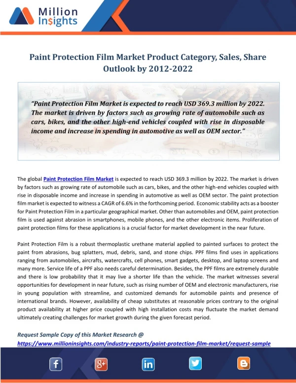 Paint Protection Film Market Product Category, Sales, Share Outlook by 2012-2022