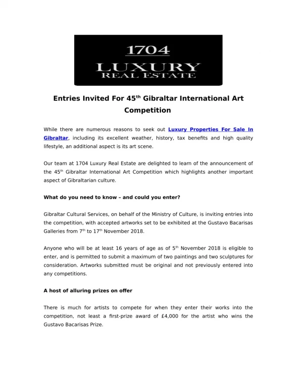 Entries Invited For 45 th Gibraltar International Art Competition