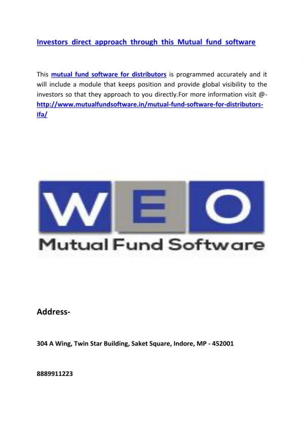 Investors direct approach through this Mutual fund software