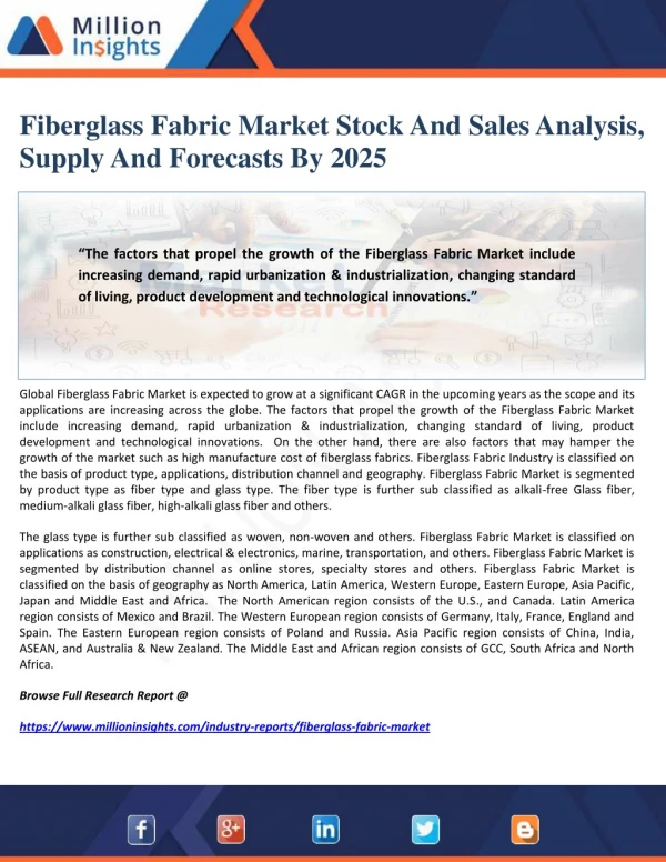 Fiberglass Fabric Market Stock And Sales Analysis, Supply And Forecasts By 2025