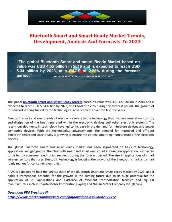 23 Bluetooth Smart and Smart Ready Market Trends, Development, Analysis And Forecasts To 2023
