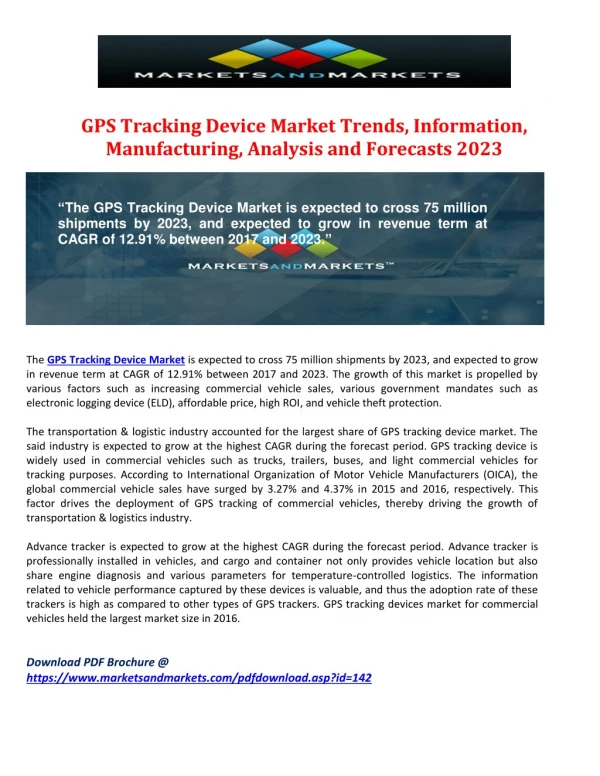 GPS Tracking Device Market Trends, Information, Manufacturing, Analysis and Forecasts 2023