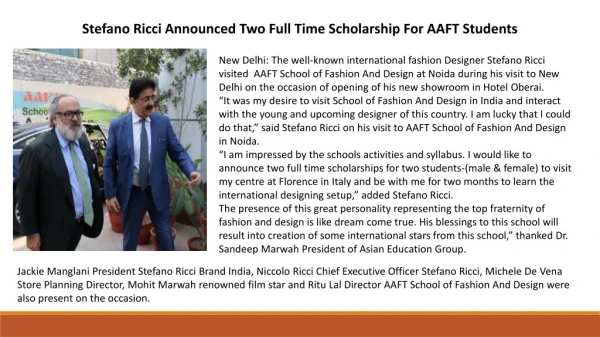 Stefano Ricci Announced Two Full Time Scholarship For AAFT Students