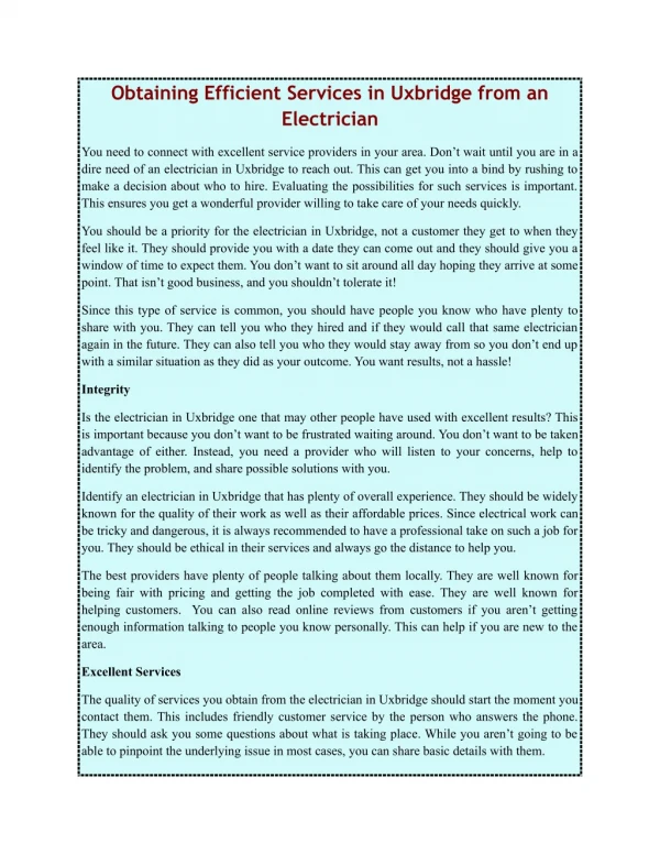 Obtaining Efficient Services in Uxbridge from an Electrician