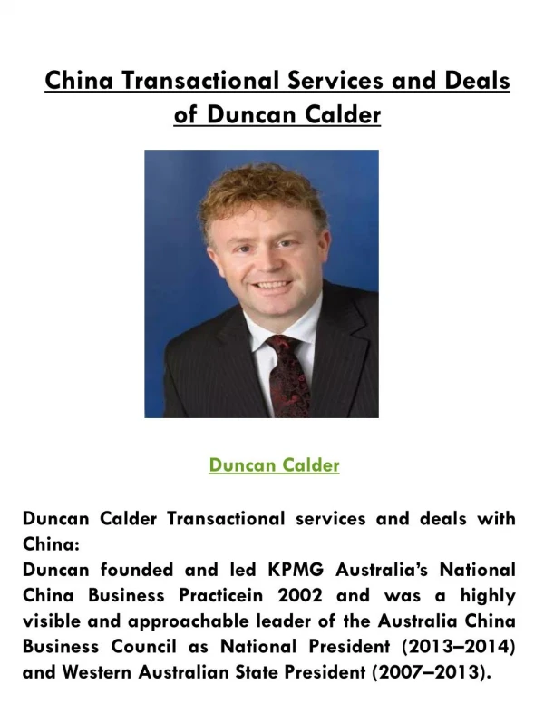 China Transactional Services and Deals of Duncan Calder