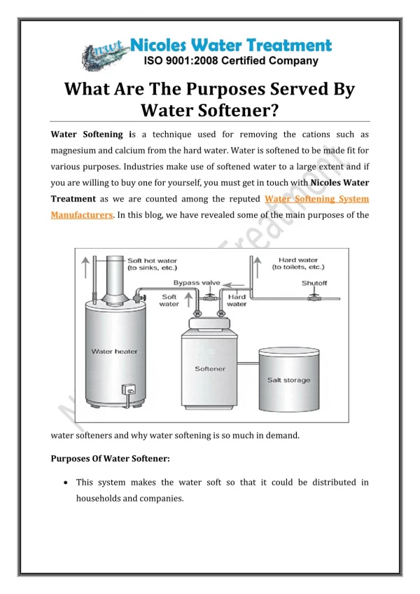 What Are The Purposes Served By Water Softener?