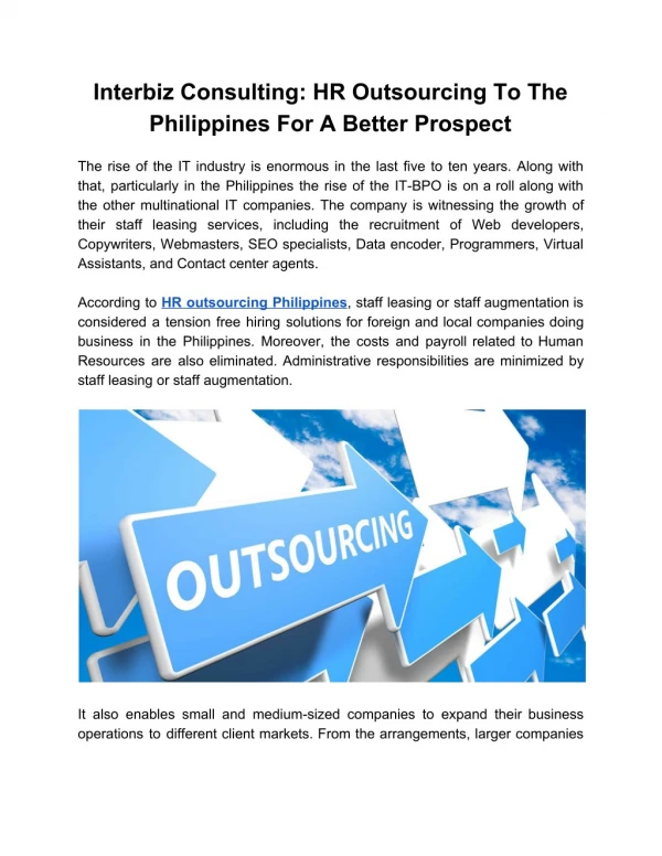 Interbiz Consulting: HR Outsourcing To The Philippines For A Better Prospect