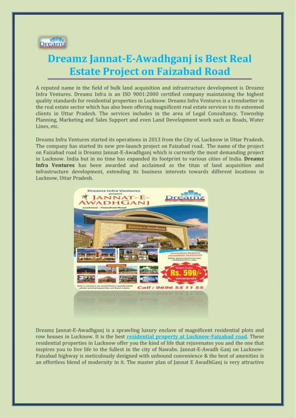 Dreamz Jannat-E-Awadhganj is Best Real Estate Project on Faizabad Road