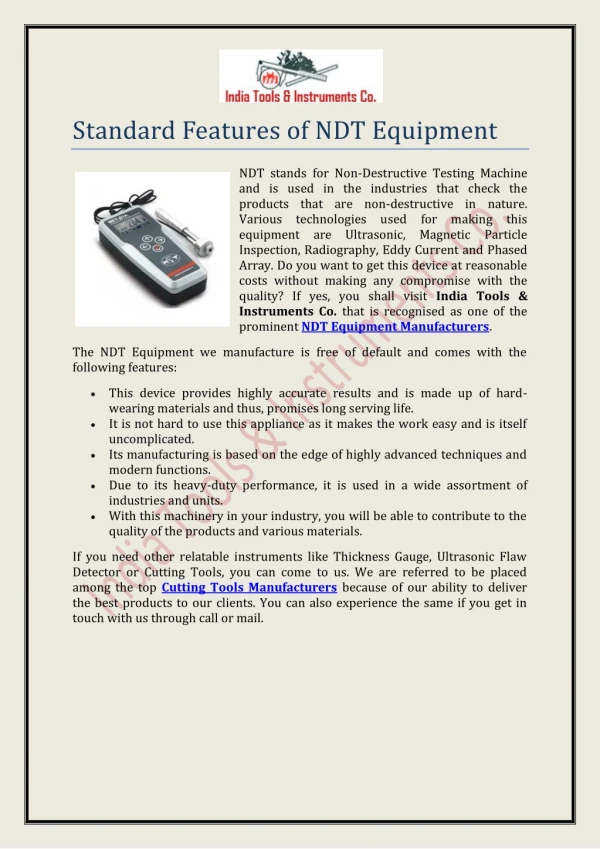 Standard Features of NDT Equipment
