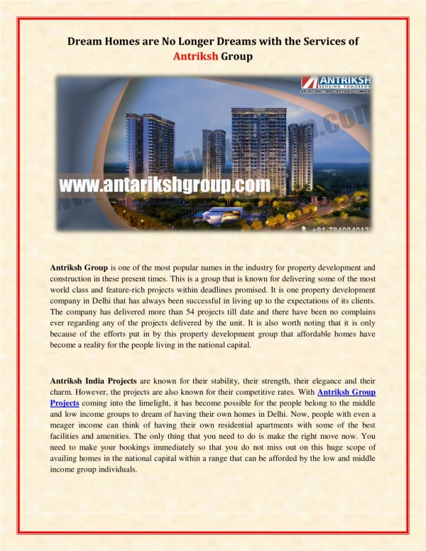 Dream Homes are No Longer Dreams with the Services of Antriksh Group