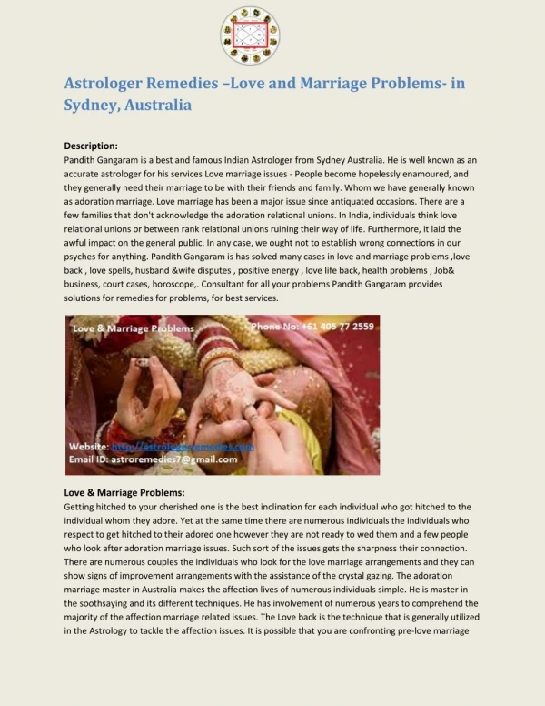 Astrologer Remedies –Love and Marriage Problems- in Sydney, Australia
