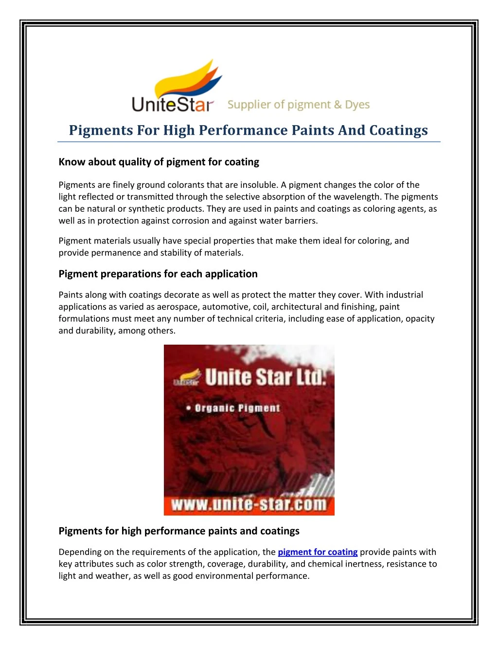 pigments for high performance paints and coatings