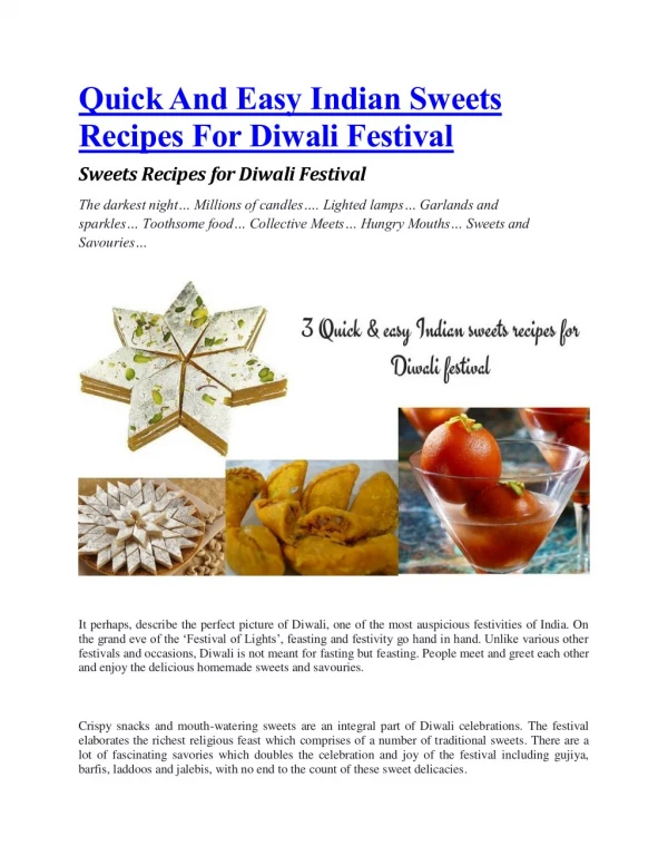 Quick And Easy Indian Sweets Recipes For Diwali Festival