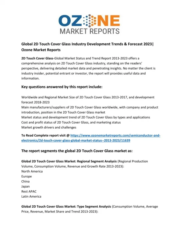 Global 2D Touch Cover Glass Industry Development Trends & Forecast 2023| Ozone Market Reports