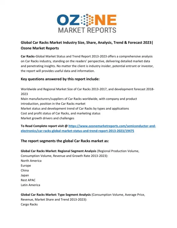 Global Car Racks Market Industry Size, Share, Analysis, Trend & Forecast 2023| Ozone Market Reports