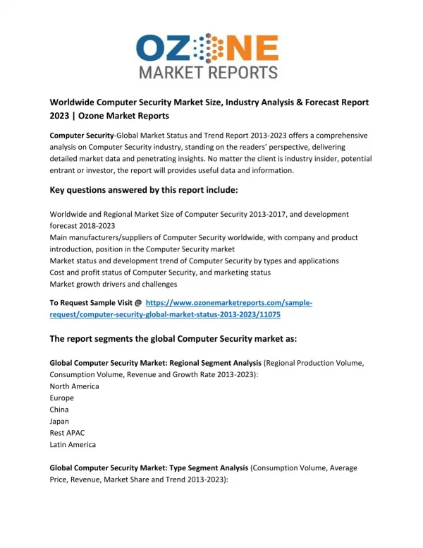 Worldwide Computer Security Market Size, Industry Analysis & Forecast Report 2023 | Ozone Market Reports