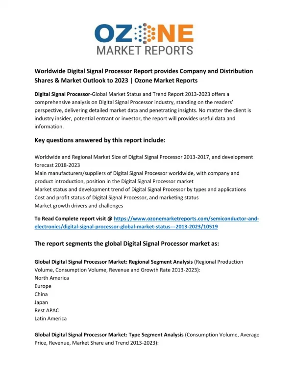 Worldwide Digital Signal Processor Report provides Company and Distribution Shares & Market Outlook to 2023 | Ozone Mark