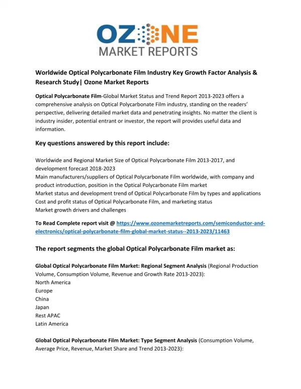 worldwide optical polycarbonate film industry