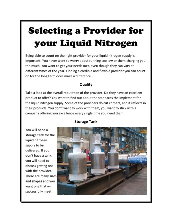 Selecting a Provider for your Liquid Nitrogen
