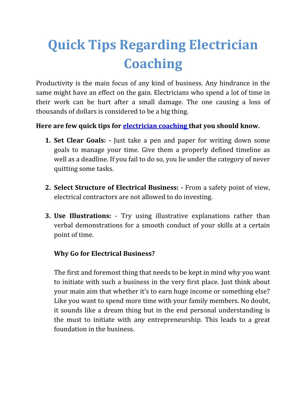 quick tips regarding electrician coaching