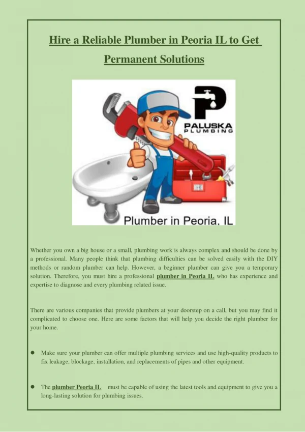 Hire a Reliable Plumber in Peoria IL to Get Permanent Solutions