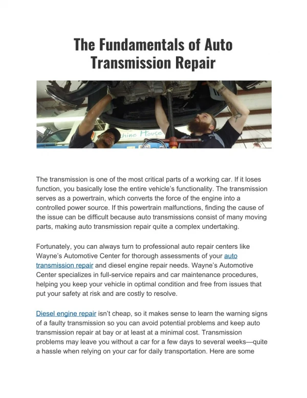 The Fundamentals of Auto Transmission Repair