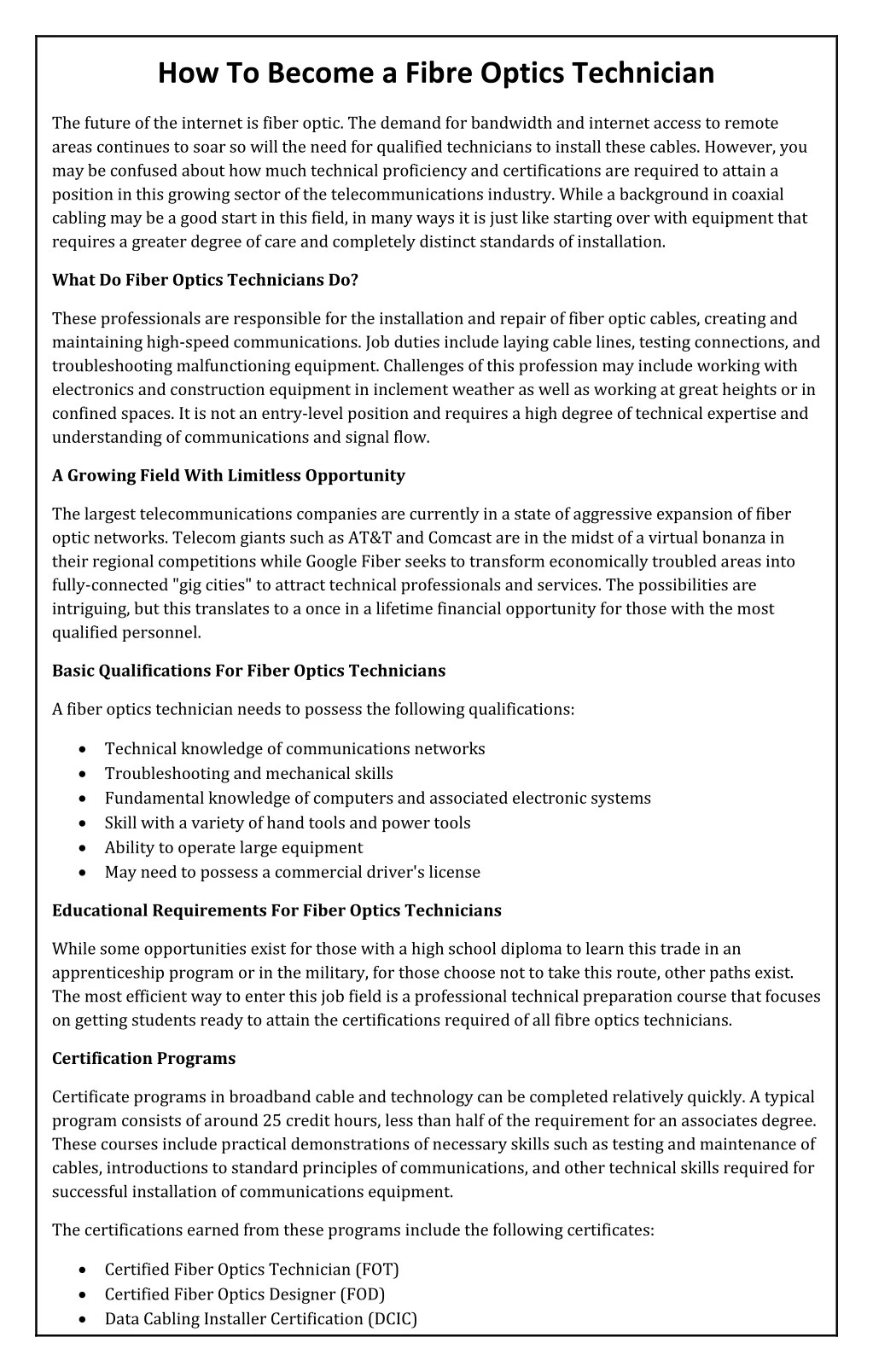 how to become a fibre optics technician