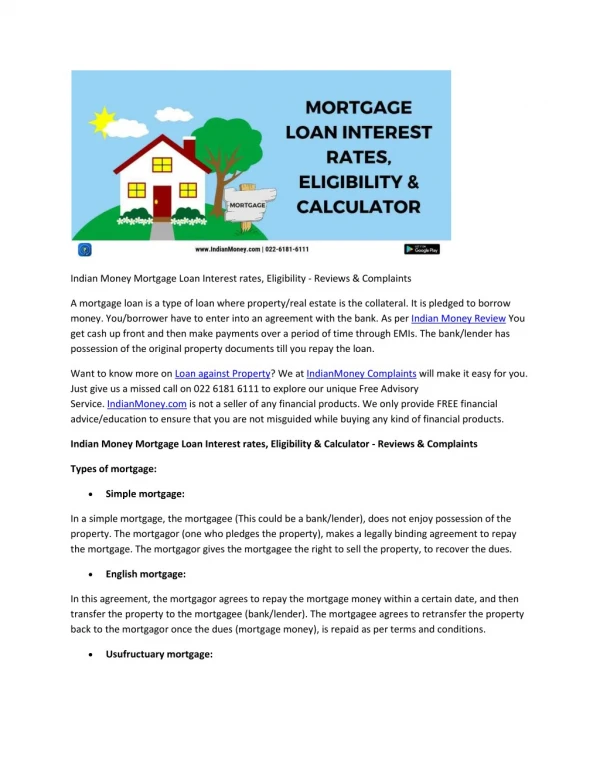 Indian Money Mortgage Loan Interest rates, Eligibility - Reviews & Complaints