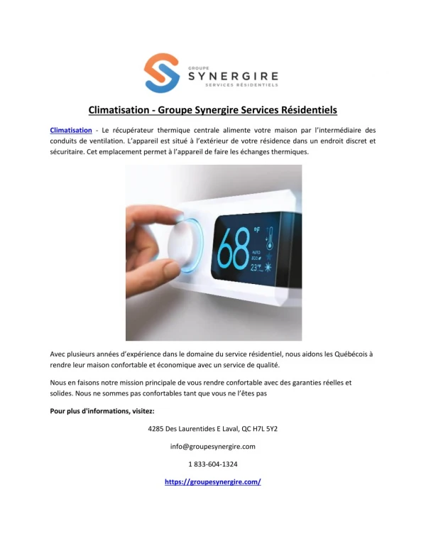 Climatisation - Groupe Synergire Services Résidentiels