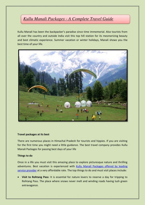Kullu Manali Packages - A Complete Travel Guide