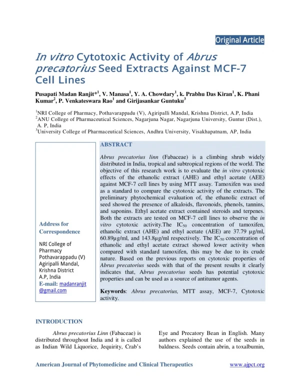 In vitro Cytotoxic Activity of Abrus precatorius Seed Extracts Against MCF-7 Cell Lines