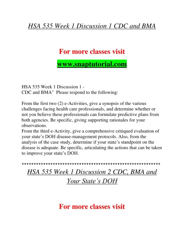 hsa 535 week 1 discussion 1 cdc and bma