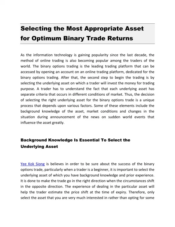 Selecting the Most Appropriate Asset for Optimum Binary Trade Returns
